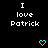 Black background with white pixelated text reading "I love Patrick" and two cyan heart icons below the text.