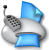 Pixelated icon of a gray telephone with black keypad and antenna, blue screen, and blue triangular speaker element on top.