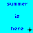 Pixelated blue background with repeated text 'summer is here' and changing symbols between words.