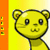 Yellow cartoon cat head with black outline, large eyes, and small mouth on yellow background with orange vertical bar.