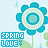 Pixelated blue flower with white rings and green stem, repeated in a pattern on light blue background with 'SPRING LIVE' text below each