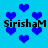 Blue heart shapes float on a cyan background with repeated text "Sirisham" in black pixelated font.