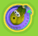 Animated circular icon with purple and yellow rings surrounding a green cartoon character's head on a light green background.