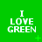 Green background with white text reading "I LOVE GREEN" in pixelated font, accompanied by small green plus and X symbols.