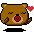Two pixel-art bear faces in a contact sheet with closed eyes, red circular cheeks, and pink hearts floating near their heads on a gray background.
