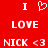 Red background with white pixelated text and symbols: 'I' above a heart, 'LOVE', then 'NICK <3' repeated side-by-side.