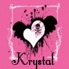 Pink background with white frame, black splatter, white heart, and 'Krystal' text at bottom.