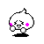 Pixelated white character with pink cheeks and black eyes in four variations: two with closed eyes, one with a pink heart above head, and one with a hand near mouth.