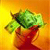A pixelated image of a green plant with broad leaves in a red pot against a gradient background transitioning from yellow to orange.