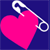 A split-frame contact sheet showing two distinct animated buddy icons: a pink heart with safety pin on dark blue background and an orange cartoon character with flower hair accessory above text "love hurts!".