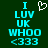 A pixelated green background displays cyan text reading "I LUV UK WHOO <333" with a white heart symbol above the text on the left side.