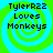 Four identical pixelated display 'TylerR22 Loves Monkeys' text over green and cyan spiral backgrounds with no visible animation changes