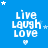 Blue background with white pixelated text "LIVE LAUGH LOVE" repeated in a , surrounded by small white stars and hearts