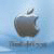 Pixelated grayscale apple logo with bite on right side, leaf on top, set against light blue gradient background.
