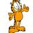 Pixelated orange cat-like figure with white chest and face, standing in a dynamic pose with one arm raised and the other bent, against a light background.