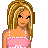 Pixel art contact sheet showing three frames of an animated icon featuring a cartoon girl in pink top and brown skirt with visible text below each frame.
