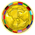 A circular golden coin with a pixelated texture, surrounded by a multicolored border of red, blue, green, orange, and purple segments.