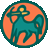 Circular pixelated icon with teal border, orange background, and central teal figure holding yellow object.