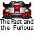 Pixel art of a red sports car with yellow headlights and black accents on gray background, below text reading "The Fast and the Furious".