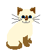 Pixelated cat with cream and brown fur, blue eyes, gray whiskers, sitting against light gray background; left version has closed mouth, right version shows pink tongue.