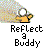 A 4x4 contact sheet of a yellow stick figure animation with white circular head and gray background, showing sequential motion frames labeled "Reflect a Buddy" in pixelated text below each frame.
