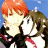 Pixelated anime-style icon of two characters embracing against a blue sky background with small white clouds, rendered in 48x48 pixels with visible dithering and color blending.
