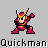 Four pixel art depictions of a character in pink and black armor with yellow accents, each in a dynamic pose, with "Quickman" text below.