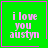 Green square with pink border displays 'i love you austyn' text; top-right has small pink heart, bottom-right has small pink star.