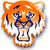 Pixelated orange tiger head with white and dark blue accents, mouth open showing teeth, ears pointed, eyes narrowed, and a small dark marking on the forehead.