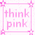 Pixel art contact sheet showing multiple frames of a pink-themed animated buddy icon with cartoon female characters in various outfits and poses, featuring text elements like "think pink" and "sleep".