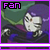 Pixelated cartoon character with purple hair and white face, wearing dark blue clothing against green background; text "Fan" in top-left corner.