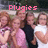 Group of people in outdoor setting with pink text overlays changing across frames.