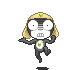 Pixelated character with blonde hair, black body, and green chest symbol in four sequential poses showing motion effects.