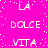 A static image with a bright pink background displays repeated white text in a pattern, including 'LA', 'DOLCE', and 'VITA' arranged across multiple