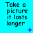 identical text blocks on a cyan background with scattered purple symbols, each block reading "Take a picture it lasts longer" in pixelated black font