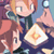 Pixelated anime-style character with orange hair and blue eyes holding a glowing yellow-and-white object against a dark background.