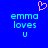 Blue background with cyan pixelated text reading 'emma loves u' and a pink heart symbol above the left side of the text.