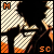 Pixelated character silhouette with spiky hair, orange and white striped lower body, black upper body, diagonal striped background, 'SC' text at bottom right.