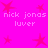 A static image with a bright pink background featuring scattered red star shapes and repeated text reading 'nick jonas luver' in white pixelated font.