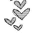 Five grayscale heart shapes arranged in a loose vertical cluster on a white background, varying in size and orientation.
