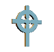 A Celtic cross icon rotates through multiple angles and color variations against a gray background.