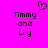 Pixelated text 'Timmy and Lily' on bright pink background with black heart symbol above left text block.