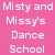 Pink background with white text advertising 'Misty and Missy's Dance School' and a phone number, alongside an image of two figures in pink outfits.