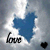 Blue heart-shaped icon with 'love' text and small black heart, transitioning to white heart on right side.