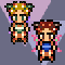 Pixel art character with blonde hair and green eyes, wearing a green top and brown shorts, with purple wings and a flower crown, shown in multiple poses.