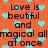 Pixelated orange background with repeated black text and cyan hearts, animated to shift positions.