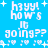 Pixelated blue background with white text reading 'h3yy! how's it going??' and small plus signs, hearts, and dots scattered throughout.