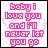 15 pixelated text-based icons displaying 'baby i love you and I'll never let you go' with varying word highlights in pink and black on white backgrounds