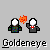 Two pixelated figures in dark suits with red ties stand side-by-side as orange and yellow particle effects expand and contract around them, with text below reading "Goldeneye".