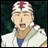 Anime character with bandaged head and open mouth, wearing white jacket over blue shirt, next to stylized text on black background.